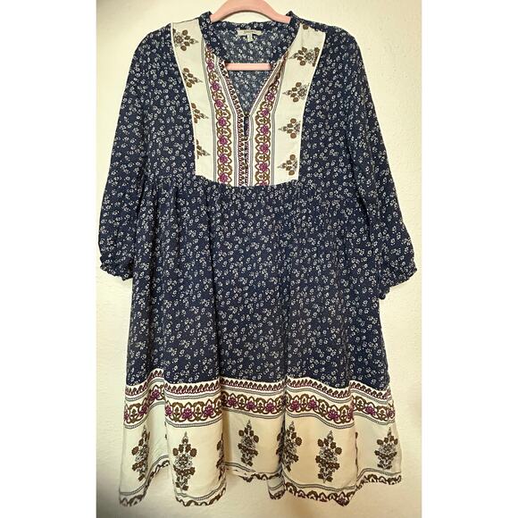 Jodifl Navy Patterned Dress Bib Front, Puff Sleeves, V-Neck Size M Boho Floral - Picture 1 of 8